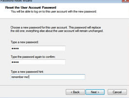 The reset of the User Account Password screen
